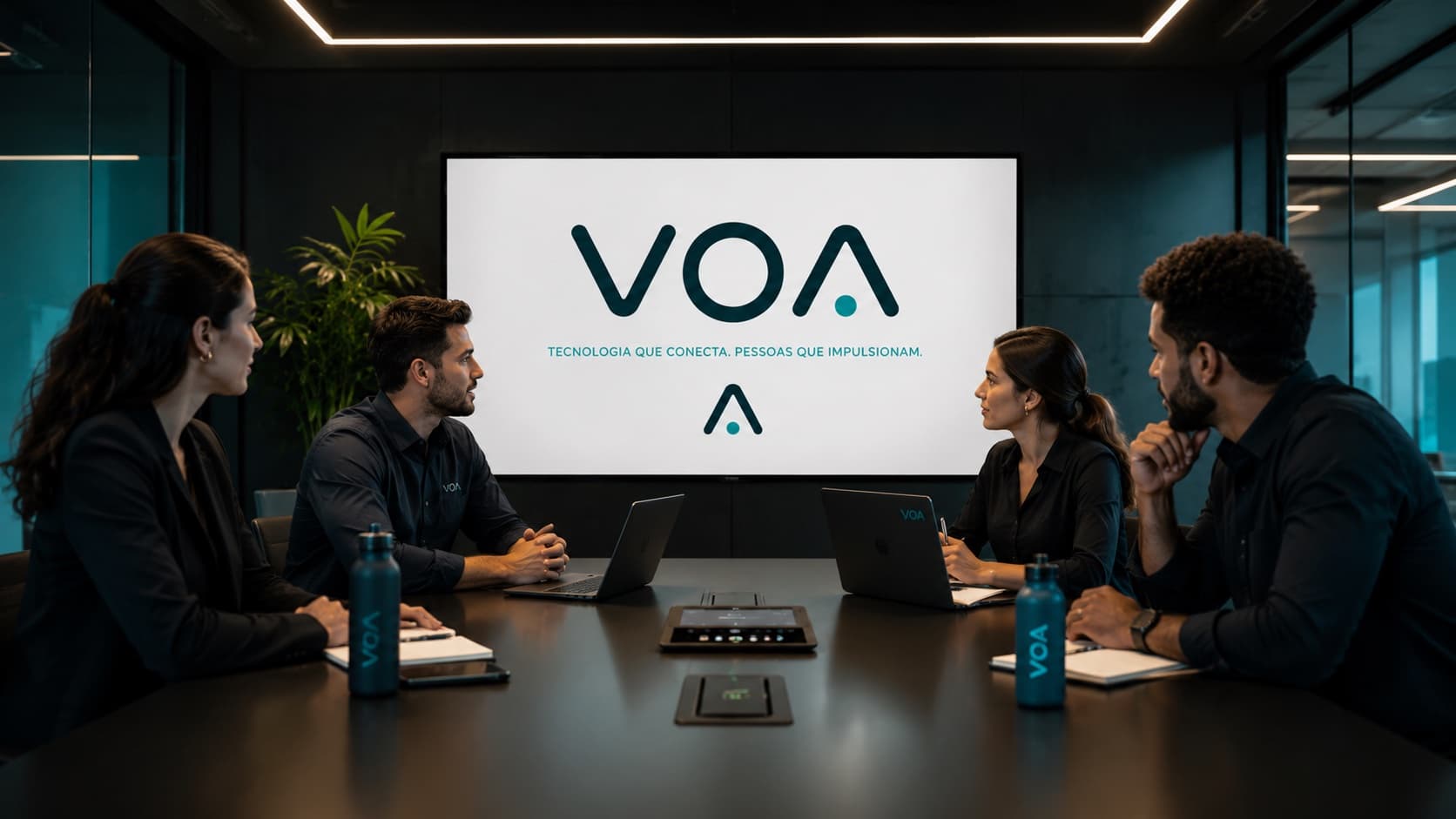 Equipe VOA reunida em sala de reunião, com a marca projetada na tela